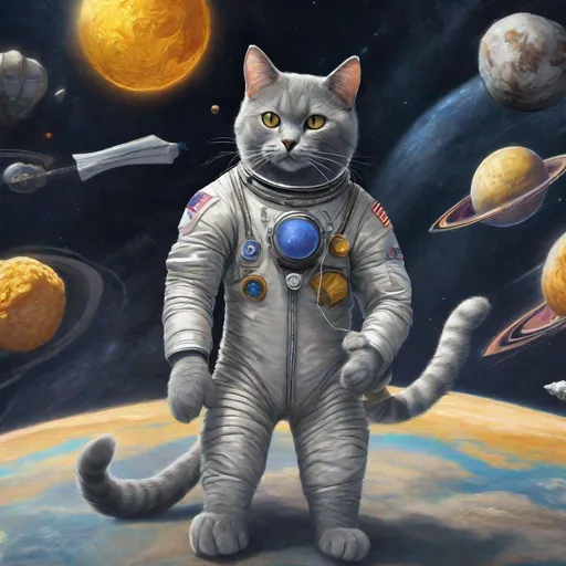Prompt: Brilliant Striking concept art of a gray cat in a space suit with the name "Ricky" sewn into it. Floating through space holding a stick of butter. Exquisite Detail Everything is perfectly to scale, HD, UHD, 8k Resolution, Vibrant Colorful Award winning 