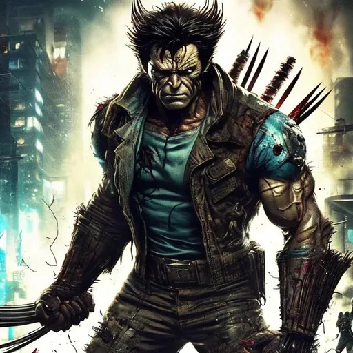 Prompt: Gritty Todd McFarlane style X-men Wolverine. Full body. Gritty, futuristic army-trained villain. Bloody. Hurt. Damaged. Accurate. realistic. evil eyes. Slow exposure. Detailed. Dirty. Dark and gritty. Post-apocalyptic Neo Tokyo .Futuristic. Shadows. Armed. Fanatic. Intense. 