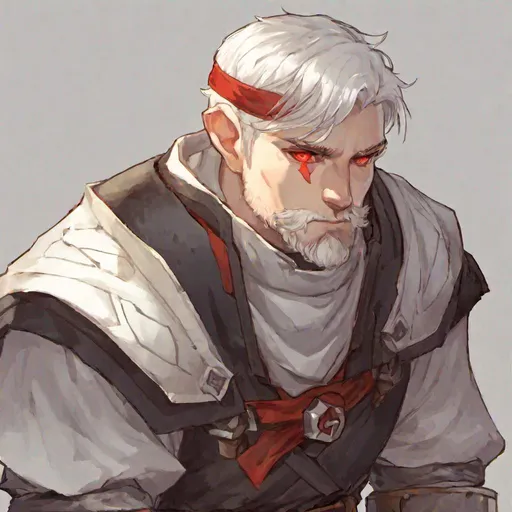 Prompt: Young, male, dwarf, red eyes, short beard, white hair, smith, cleric, confident, soft smile, kind, side shave, hammer, red glowing eyes, short hair, forge domain cleric, forge, blacksmith