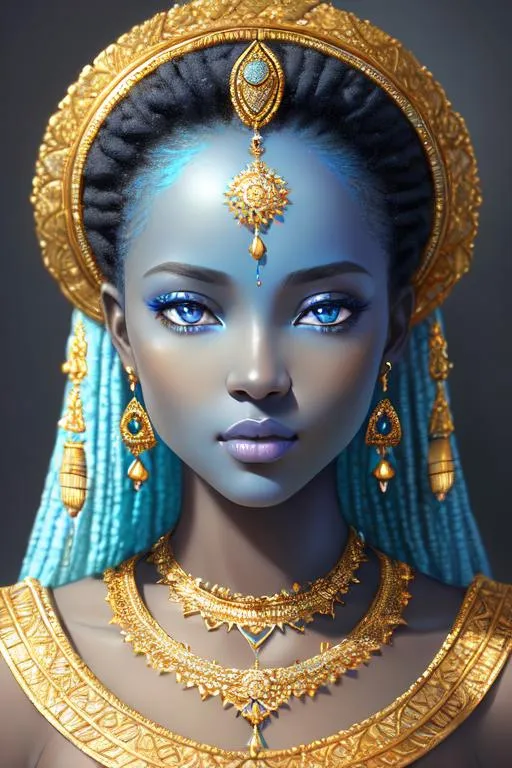 Prompt: award winning portrait photo of african goddess light blue eyes,very detailed face, studio lighting realistic oil on canvas, (golden ratio) (sharp focus color corrected) hyperdetailed by Pino Daeni , translucent, thunder,radiant skin perfect face, intricate, symmetric balance, polarizing filter, photography award, intricate, elegant, highly detailed, digital painting, artstation, concept art, smooth, sharp focus, oil on canvas art by Enki Bilal
