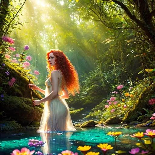 Prompt: Pale freckled cute, turned up noise curly hair redhead skinny beautiful lady, transparent dress, forest, crook, small river, transparent water, crystal clear water, colourful flowers, golden light, see, summer, flourishing, nature, sunlight, 8k, intricated, ultra detailed, by Justin Gerard