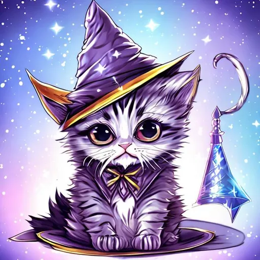 Prompt: Kitten with wizard hat anime art style