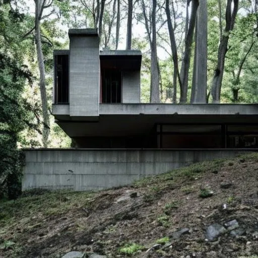 Prompt: brutalist architecture home surrounded by nature. with lots of windows