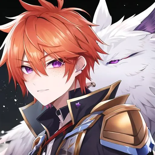 Prompt: Erikku male (short ginger hair, freckles, right eye blue left eye purple) UHD, 8K, Highly detailed, insane detail, best quality, high quality, fighting, in pain