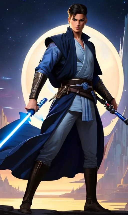 Prompt: UHD, digital art style, comic art style, zoomed out full body view, male sharp jawline, curled lips, fierce eyes, european jedi maestro fencer holding a blue epee lightsaber. Standing in en-garde stance. by greg rutkowski and alphonse mucha, sharp focus, Photorealistic, sharp focus, highres, noir stylings