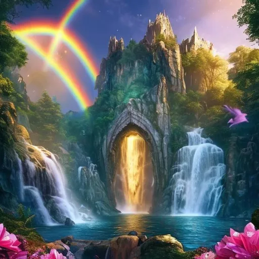 Prompt: Narnia as a background with a rainbow and a waterfall in the background  with Aslan in a heart with flowers around the heart