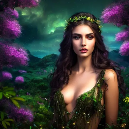 Prompt: HD 4k 3D 8k professional modeling photo hyper realistic beautiful woman ethereal greek goddess of the earth Mother Earth
dark green hair hazel eyes gorgeous face olive skin green and yellow and brown shimmering dress full body jewelry flower crown surrounded by magical glowing light hd landscape background of enchanting mystical forest plants vegetation flowers fruit 