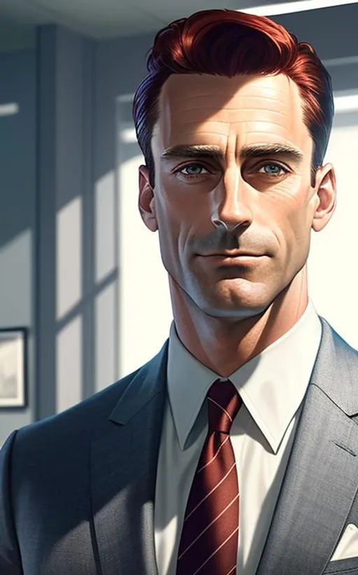 Prompt: Portrait of John Hamm as Howard Roark with reddish hair and with heoric and stearn face, office background, perfect composition, hyperrealistic, super detailed, 8k, high quality, trending art, trending on artstation, sharp focus, studio photo, high key lighting, intricate details, highly detailed, by greg rutkowski
