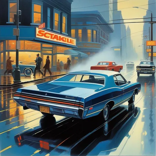 Prompt: 1970s Seattle, car chase, rain, fog, dark blue atmosphere, cartoony style, extremely detailed painting by Greg Rutkowski and by Henry Justice Ford and by Steve Henderson