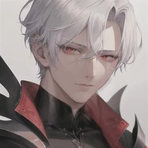 Prompt: "A close-up photo of a handsome boy with a short, white hair, red eyes, in hyperrealistic detail, with a slight hint of loneliness in his eyes. His face is the center of attention, with a sense of allure and mystery that draws the viewer in, but his eyes are also slightly downcast, as if a sense of loneliness is lingering in his thoughts. The detailing of his face is stunning, with every pore, freckle, and line rendered in vivid detail, but the image also captures the subtle emotions of loneliness that might lie beneath his surface." "His wearing school clothes."