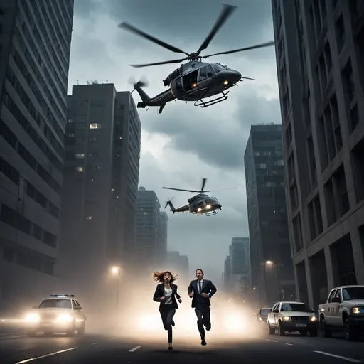 Prompt: 1 Male and 1 female being chased like in a thriller scene
Helicopters flying with searchlights 
City high risers behind them