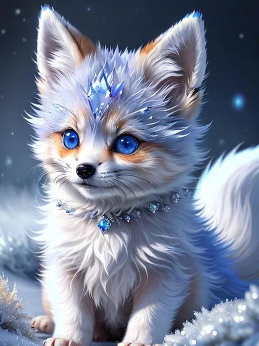 Prompt: (masterpiece, professional oil painting, epic digital art, best quality:1.5), insanely beautiful tiny ((fox kit)), (canine quadruped), ice elemental, silky silver-blue fur covered in frost, timid, ((insanely detailed alert crystal blue eyes, sharp focus eyes)), gorgeous 8k eyes, fluffy silver neck ruff covered in frost, two tails, (plump), fluffy chest, enchanted, magical, finely detailed fur, hyper detailed fur, (soft silky insanely detailed fur), presenting magical jewel, moonlight beaming through clouds, lying in frosted meadow, grassy field covered in frost, cool colors, professional, symmetric, golden ratio, unreal engine, depth, volumetric lighting, rich oil medium, (brilliant auroras), (ice storm), full body focus, beautifully detailed background, cinematic, 64K, UHD, intricate detail, high quality, high detail, masterpiece, intricate facial detail, high quality, detailed face, intricate quality, intricate eye detail, highly detailed, high resolution scan, intricate detailed, highly detailed face, very detailed, high resolution