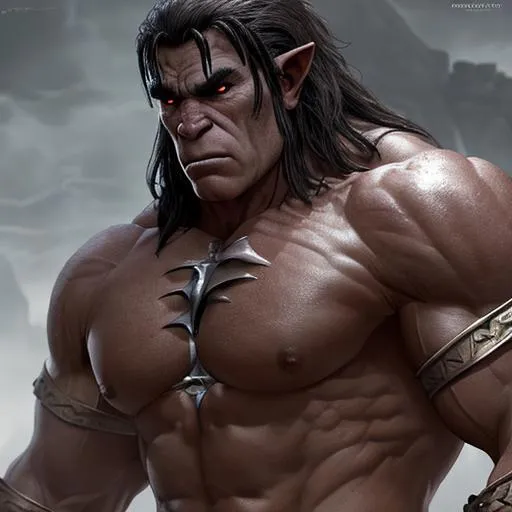 Prompt: portrait of (male half-orc prize fighter , muscular bare chested), medieval prison background, dark fantasy setting, perfect composition, hyperrealistic, super detailed, 8k, high quality, trending art, trending on artstation, sharp focus, studio photo, intricate details, highly detailed, by frank frazetta
