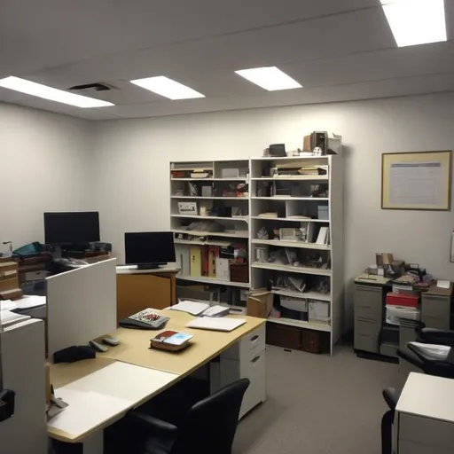 Prompt: A small office. The walls are white. There is a single desk and chair. Other items in the room include a printer, filing cabinet, and some shelves with boxes on them. The room is untidy. There is paper lying around, and there are boxes lying around. The lighting is poor. The photo quality is amateur. 