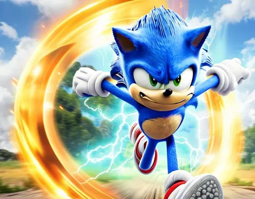 Prompt: sonic corriendo con rayos supersonicos y con el logo de la pelicula