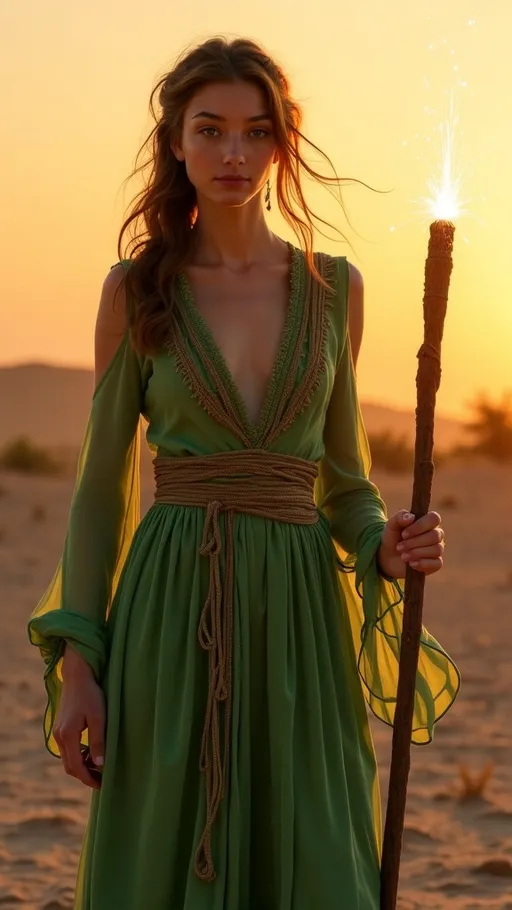 Prompt: A young woman stands in the golden glow of twilight, embodying boundless potential and enthusiasm. Dressed in flowing green garments adorned with intricate patterns, she holds a staff firmly in her hand, its tip glowing faintly with a spark of inspiration. Her gaze is fixed on the sparks from the staff, her expression a mixture of curiosity and determination. Behind her, a barren yet expansive landscape hints at the promise of new beginnings and uncharted adventures. She is ready to channel her energy, bringing creativity and passion to whatever path lies ahead, Canon 5d mark ii, 50mm lens, f/5.6, ISO 100