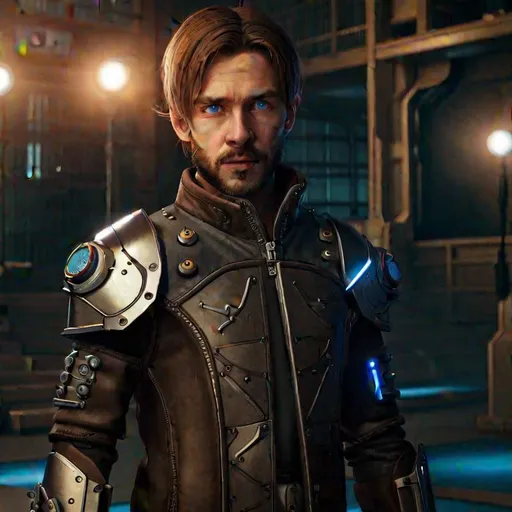 Prompt: Full Body Portrait, Bearded Halfling Male with short brown hair wearing a leather jacket and metal plates of armor, mechanical elements on the shoulders and hands with small glowing blue lights, using a revolver, dramatic lighting, cinematic, establishing shot, extremally high detail, photo realistic, cinematic lighting, post processed, concept art, artstation, 