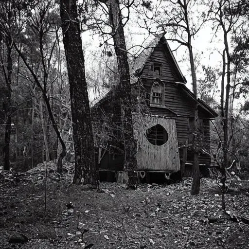 Prompt: an old photo of a scary looking cultist house in the middle of the woods