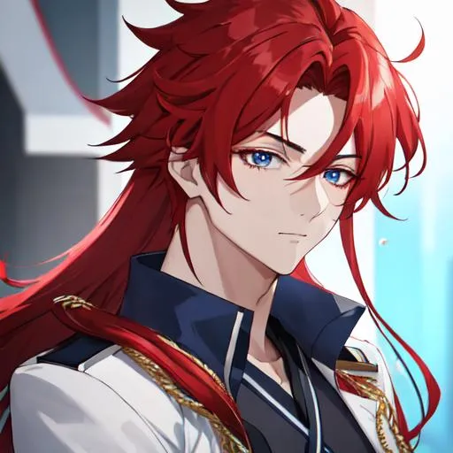 Prompt: Zerif 1male as a male police officer (Red side-swept hair covering his right eye)UHD, 8K, Highly detailed, insane detail, best quality, high quality, wearing a blue male police uniform, anime style