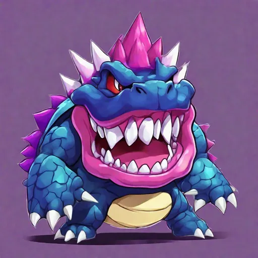 Prompt: Toothpaste Bowser, dark purple scales and pink underscales, sky-blue toothpaste costume, black shell with dark purple spikes , masterpiece, best quality, in acrylic art style