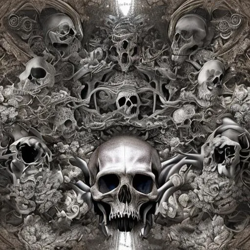 Prompt: the source of future growth dramatic, elaborate emotive metallic Baroque and Rococo styles to emphasise death as a transcendental, seamless pattern, symmetrical, large motifs, sistine chapel ceiling, 8k image, sharp focus, gothic mothifs and (skulls:1) in rococo style, black metal forge,  black colors, perfect symmetry, 3D, no blur, sharp focus, photorealistic, insanely detailed and intricate, cinematic lighting, Octane render, epic scene, 8K