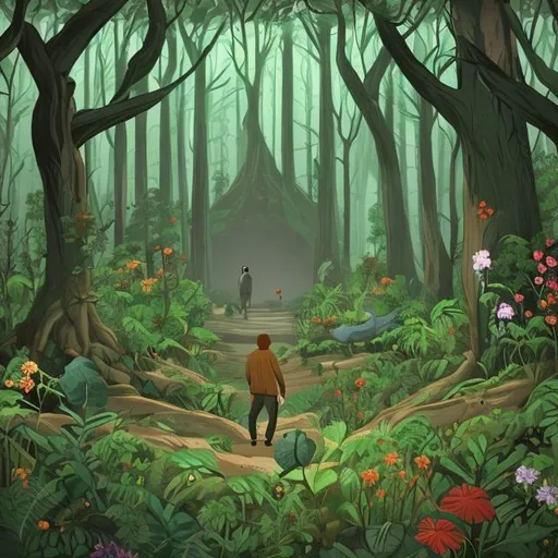 Prompt: A Forest welcomes a lonely man. Animals and flowers gravitate towards him.