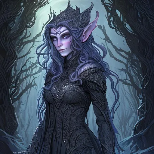 Prompt: "Design an intricate character portrait for a D&D (Dungeons & Dragons) campaign. The character is Valeria Moonshadow, an elven rogue with a mysterious past. She is lithe and graceful, standing against a backdrop of a moonlit forest. Valeria wears dark leather armor adorned with delicate silver engravings, and her hood is pulled back to reveal long, sapphire-blue hair that shimmers in the moonlight. Her piercing green eyes hold a hint of both danger and allure, and a silver amulet hangs from her neck. Around her waist, she carries an assortment of pouches and vials. In one hand, she holds a curved elven dagger with an ornate hilt, while the other rests casually on the hilt of a sheathed shortsword at her side. Captivate viewers with an air of enigma, capturing both her roguish nature and the secrets that dwell within her past."