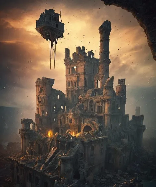 Prompt: a completely destroyed ((abandoned)) castle with debris floating in the air, night time, broken, destruction, foreboding ruins, ancient ruins, muted colors, Victorian, gothic, dark, Masterpiece,  photo quality,  cinematic light, ((depth of field)), fractal isometrics details, trending on artstation Isometric Centered hyperrealist cover photo awesome full color, gritty, glowing shadows, high quality, high detail, high definition, dark fantasy