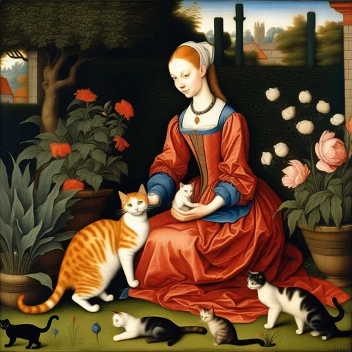 Prompt: Young beautiful lady playing with a cat in a garden, 15th century, realistic, colorful, highly detailed