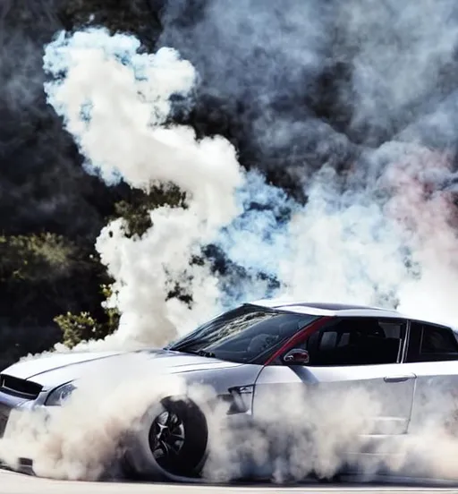 Prompt: gtr drifting with smoke behind car
