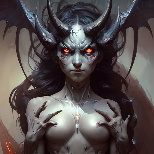 Prompt: Cute demon, dark colors, sparkling eyes, ember in eyes, shining eyes, sharp features, highly detailed, digital painting, artstation, concept art, smooth, sharp focus, beautiful skin, expressive eyes, illustration, art by Artgerm and greg rutkowski and alphonse mucha