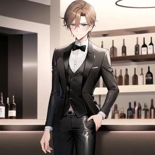 Prompt: Alex 1male. Short light brown hair. Soft and mesmerizing light grey eyes. Wearing a sleek black button-up shirt, paired with tailored black pants and shiny leather shoes. He completes the look with a stylish black vest and a classic black bow tie. UHD, 8K, standing behind a bar counter, blushing