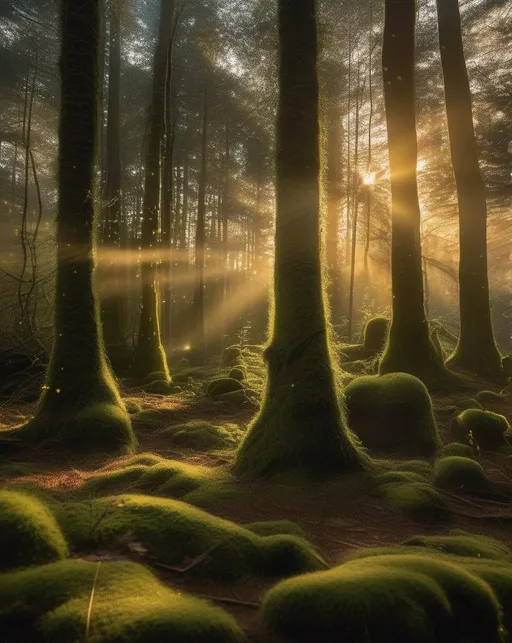 Prompt: An ethereal image of a mystical, mossy forest in the golden hour just before sunset. Sun rays filter through the trees illuminating particles of dust floating gently through the air ((emphasize lighting and mood)). Tiny dancing ((fireflies)) begin to appear amongst the trees. Shot with a Sony A7S III camera using a wide angle lens to capture the expanse of the forest. The lighting is dramatic and atmospheric. The mood is magical, tranquil and filled with wonder. In the style of Hayao Miyazaki
