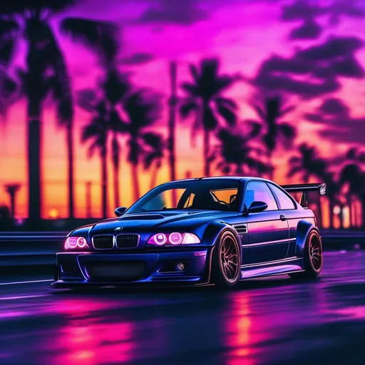 Prompt: 2001 BMW M3 E46 GTR, synthwave, aesthetic cyberpunk, miami, highway, dusk, neon lights, coastal highway, dusk, neon lights, coastal highway, sunset, drift, nurburgring, water on the road, blade runner, 8k, watercolor, macro sharp focus, 8