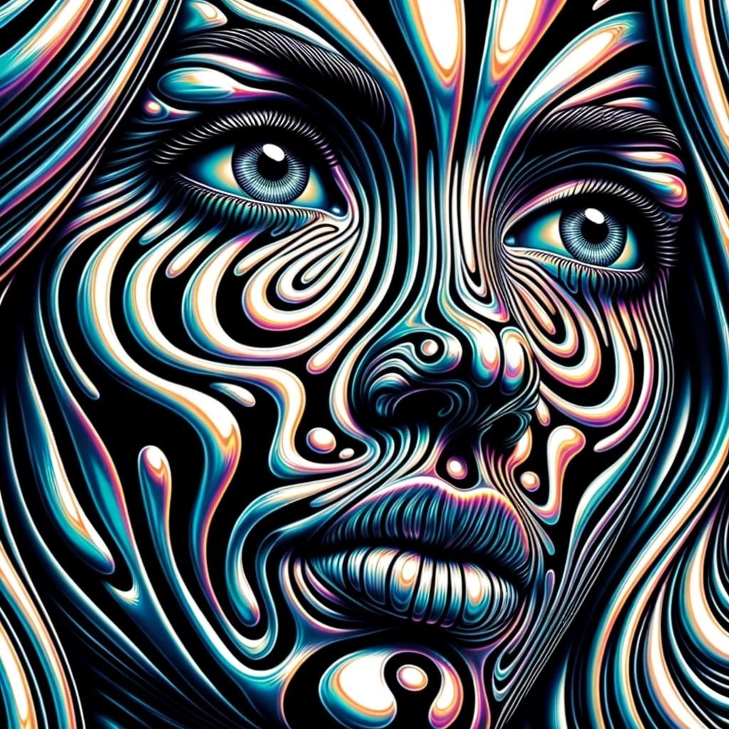 Prompt: Fusion of Styles: An art piece that blends the techniques of psychedelic illustration with a modern touch. The woman's face, appearing as if molded from liquid metal, features bold black and white stripes. Her emotive eyes pierce through the viewer, capturing a myriad of feelings. The overall design incorporates elements of both surrealism and contemporary art, presenting the human form in an innovative and captivating manner.