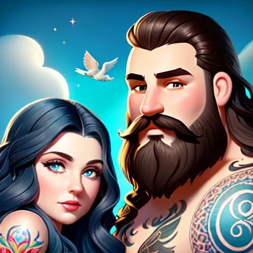 Prompt: fantasy illustration ((heavyweight man and heavyweight woman couple)), (((long dark brown wavy hair for man))), (((long blue wavy hair for woman))), (((woman's eyes are brown))), (((man's eyes are green))), (((woman has pale skin and round face))), {man has round face and scruffy beard}, tattoos, surreal, Disney, pixar, (((rainbow))), (((cosmos))), space, bubbles, illustration, (((neon))), high detail, intricate, artgerm, james jean, Rutkowski, and other illustrators, intricate details, face, full body portrait, headshot, illustration, UHD, 4K