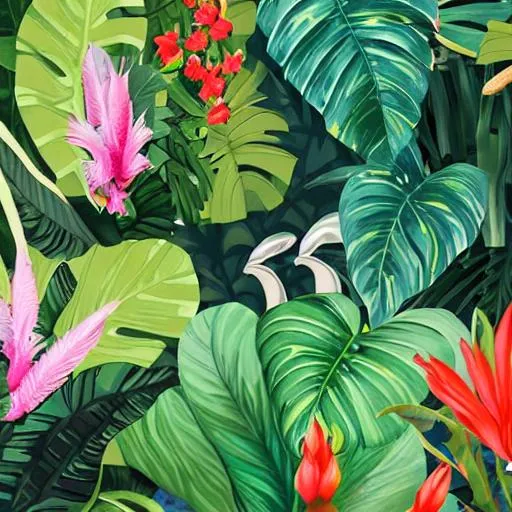 Prompt: hyperreal creatures hiding among tropical flowers, leafy foliage, trees