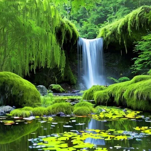 Prompt: pond in the middle of the forest with a tall waterfall in the background, the foreground has lots of ricks at the edge of the pond, moss covers most of the rocks and trees, the picture is very green