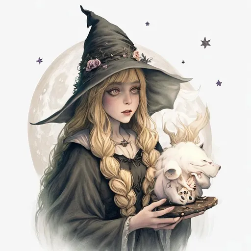 Prompt: witch with long blonde hair, wearing witch hat, cute, dark flowers, aesthetic, fairycore, disney, pixar, moon, stars, with big white dog, witchcraft, in a starry dark sky, beautiful, walking in a forest, sweet, dreamy, rpg, award winning illustration, artstation, highres, tim burton style, 