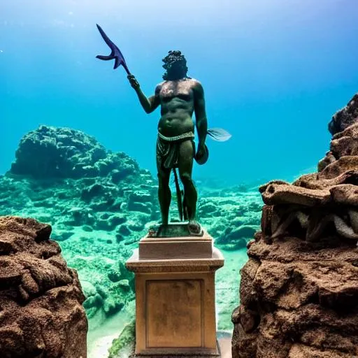 Prompt: statue of poseidon holding a trident, under water around atlantis, roman columns, tropical fish.