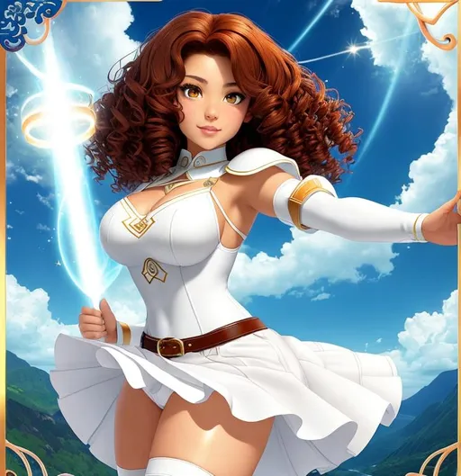 Prompt: A beautiful 14 year old ((Latina)) light elemental with light brown skin and a cute face. She has a curvy body. She has short curly reddish brown hair and reddish brown eyebrows. She wears a beautiful tight white princess outfit with a white skirt. She has brightly glowing yellow eyes and white pupils. She wears a small golden tiara. She has a yellow aura around her. She is floating in the air with bright yellow light magic in her hands staring down at an army. Epic battle scene art. Full body art. {{{{high quality art}}}} ((goddess)). Illustration. Concept art. Symmetrical face. Digital. Perfectly drawn. A cool background. Five fingers