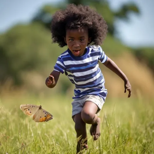 Prompt: An African child chasing a butterfly across a meadow on a sunny day 
