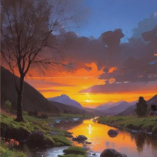 Prompt: Peder mork monsted.  Sunset.  Mountain stream. Gouache