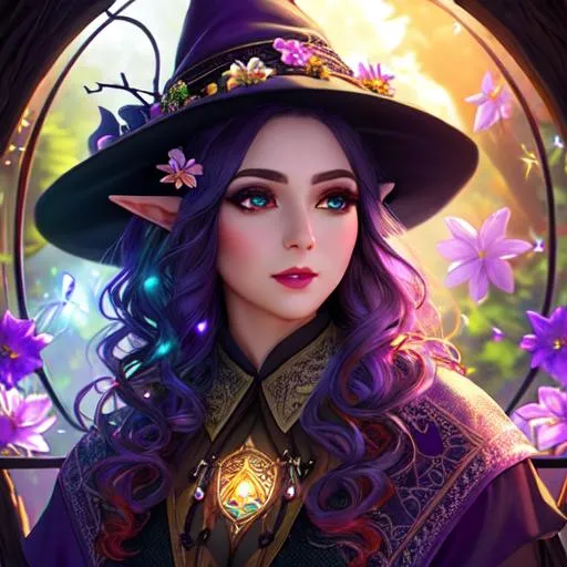 Prompt: female elf, witch, detailed face, detailed eyes, full eyelashes, ultra detailed accessories, robes, witch hat with flowers, short hair, curly hair, dnd, artwork, nature background, tree house interior, looking outside from a window, hanging string lights, vibrant, multicolored hair, inspired by D&D, concept art, beautiful lighting, dusk, fireflies
