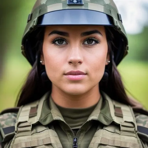 Prompt: photo realistic photograph of a beautiful brunette girl dressed as a commando in combat, centered in frame, facing camera, symmetrical face, full body, ideal human, 85mm lens,f8, photography, ultra details, natural light, light background, photo