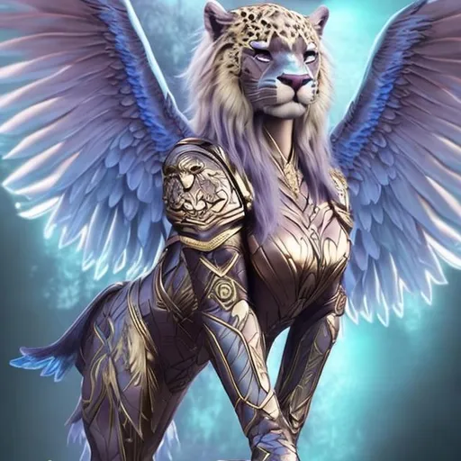 Prompt: Realistic Very majestic panthergirl with epic majestic wings, gold pink and blue