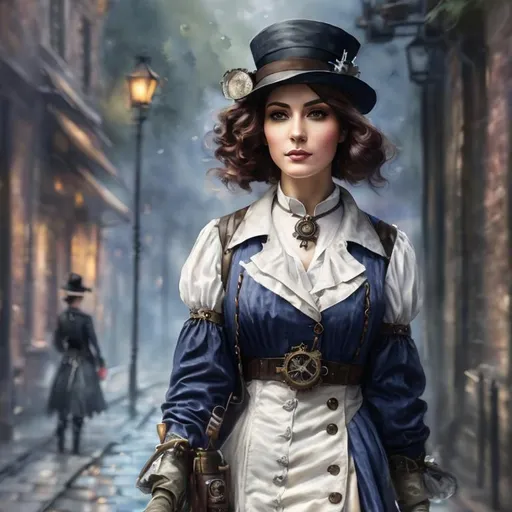 Prompt: A stunning watercolor impressionist painting of steampunk gothic nurse walking cobble road around United Kingdom, The painting is rendered in HDR, DTM, full HD, and 8K resolution, with ultra-detailed brushwork that captures every nuance and detail of the character's iconic suit and features.