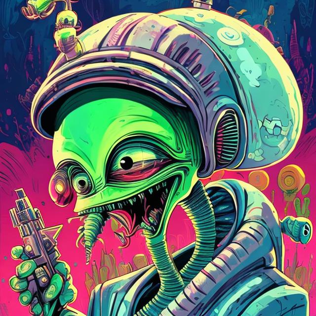 Alien gangster in a comical style, vibrant and color...