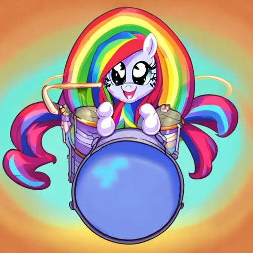 Prompt: In the style of my little pony, A long haired pony with a long beard generating rainbows and playing drums on a drum set. 