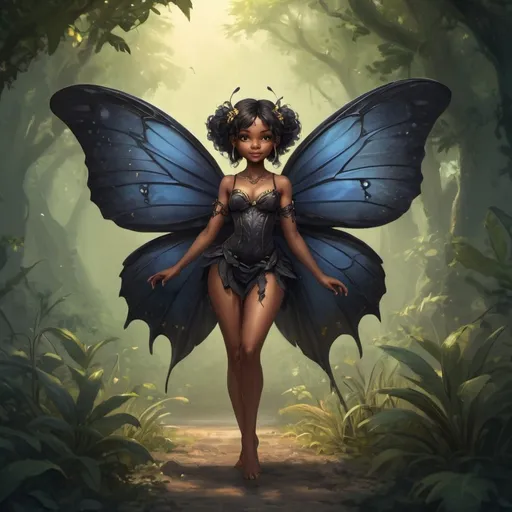 Prompt: Full-body, Fantasy Illustration of a tiny beautiful black fairy, butterfly wings, mischievous expression, RPG-fantasy, intense, detailed, detailed character design, atmospheric, delightful ambiance, savanna background, realistic